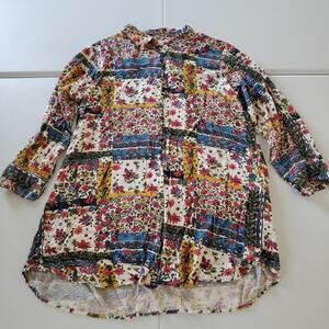 Natural Life Shirt Womens Large Multicolor Floral Patchwork Button Up Boho Rayon